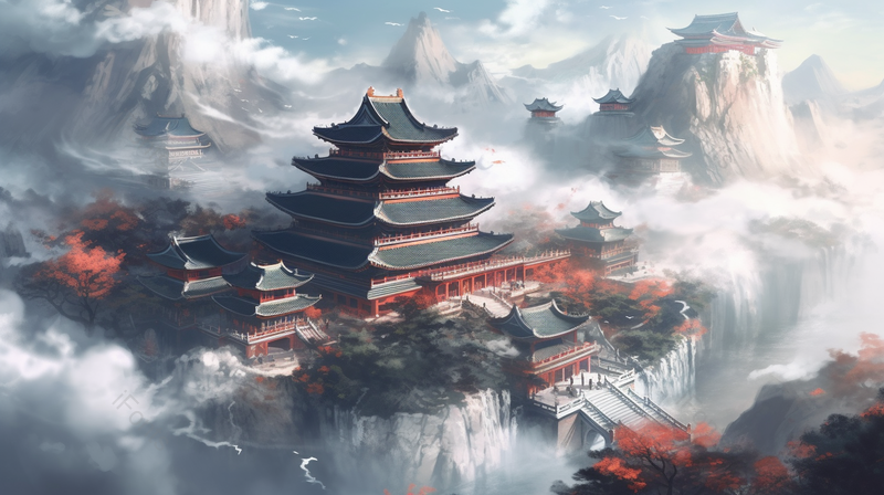 修仙城池国风古典山川湖泊河流植物风景插画,插画/手绘图,插画/手绘图库,插画/手绘图下载,插画/手绘